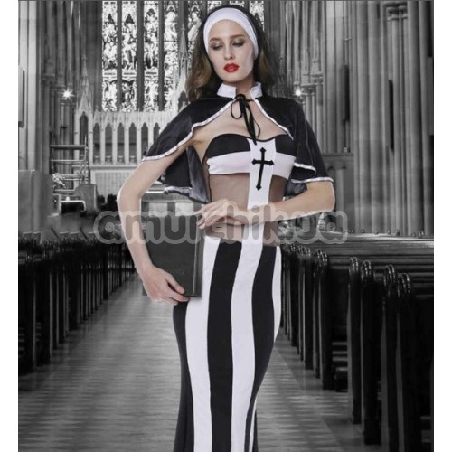 Костюм монашки JSY Nun Costume 6035 черно-белый: платье + головной убор + накидка