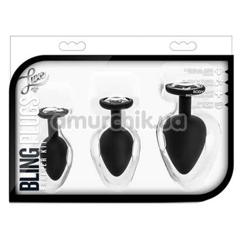 Набор анальных пробок с прозрачными кристаллами Luxe Bling Plugs Trainer Kit, черный