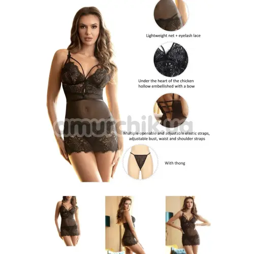 Комплект Star Night Sexy Floral Lace Babydoll, чорний: пеньюар + трусики-стрінги