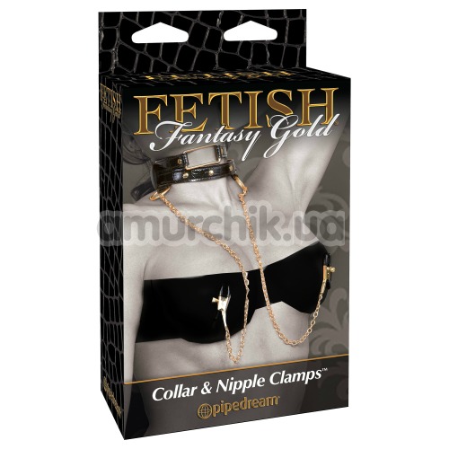 Ошейник с зажимами для сосков Fetish Fantasy Gold Collar and Nipple Clamps