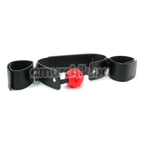 Кляп с фиксаторами для рук Breathable Ball Gag Restraint, чёрно-красный - Фото №1