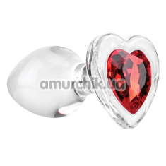 Анальная пробка с красным кристаллом Adam & Eve Red Heart Gem Glass Plug Medium, прозрачная - Фото №1