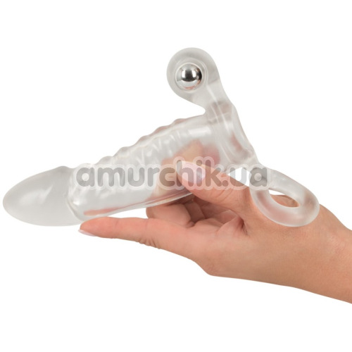 Насадка на пенис с вибрацией и кольцом для мошонки Crystal Clear Vibrating Sleeve With Ball Ring, прозрачная