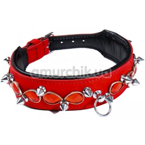 Ошейник DS Fetish Leather Collar Jewel & Spike, красный - Фото №1