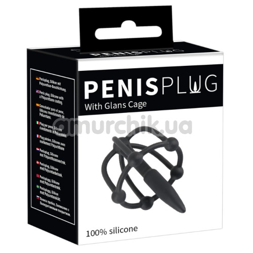 Уретральна вставка з кліткою для голівки Penis Plug With Glans Cage, чорна