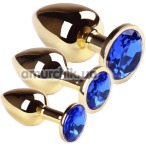 Набор из 3 анальных пробок с синим кристаллом SWAROVSKI Gold Sapphire, золотой - Фото №1