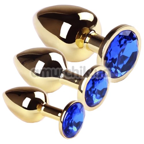 Набор из 3 анальных пробок с синим кристаллом SWAROVSKI Gold Sapphire, золотой