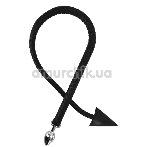 Анальная пробка с черным хвостом-плетью Metal Anal Plug With Whip Diablo Tail, серебряная