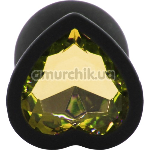 Анальная пробка с желтым кристаллом Silicone Jewelled Butt Plug Heart Small, черная