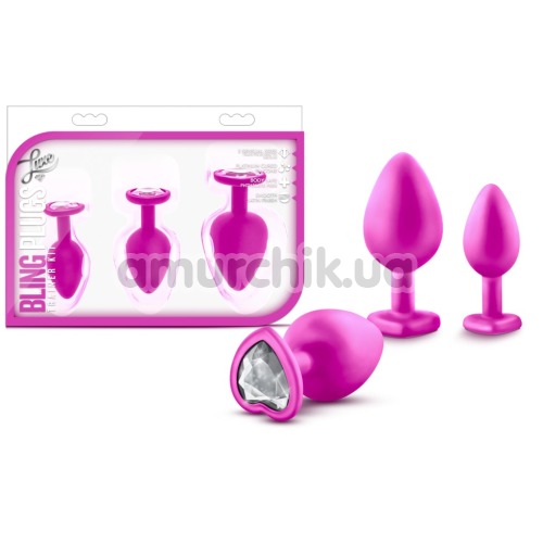 Набор анальных пробок с прозрачными кристаллами в виде сердечек Luxe Bling Plugs Trainer Kit, розовый