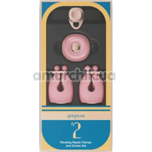 Зажимы на соски с ошейником Qingnan No.2 Vibrating Nipple Clamps And Choker Set, розовые