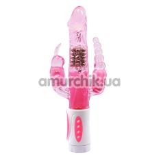 Анально-вагинально-клиторальный вибратор с ротацией Pretty Bunny, розовый - Фото №1