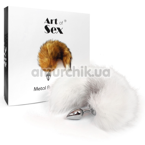 Анальна пробка з білим хвостиком Art Of Sex Metal Butt Plug White Fox M, срібна
