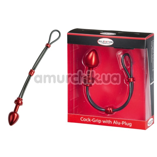 Эрекционное кольцо с анальной пробкой Malesation Cock-Grip mit Alu-Plug klein, красное
