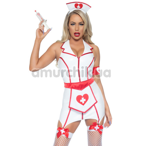 Костюм медсестры Leg Avenue Vinyl ER Hottie белый: платье + фартук + повязка на руку + чепчик