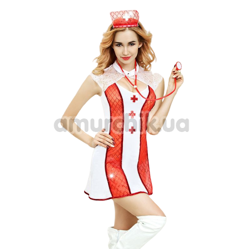 Костюм медсестри JSY Sexy Lingerie 6310 біло-червоний: халат + трусики-стрінги + головний убір + стетоскоп - Фото №1