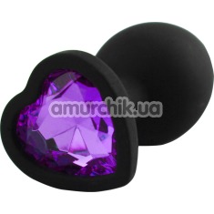 Анальна пробка з фіолетовим кристалом Silicone Jewelled Butt Plug Heart Small, чорна - Фото №1