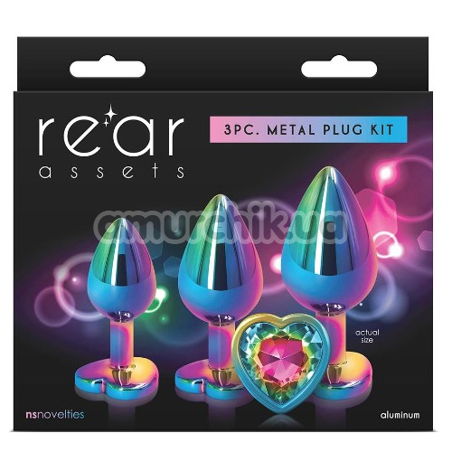 Набор анальных пробок Rear Assets 3pc Metal Heart Plug Kit, радужный