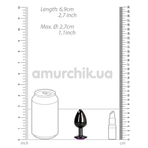 Анальна пробка з фіолетовим кристалом Ouch! Heart Metal Butt Plug Small, чорна