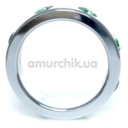 Эрекционное кольцо с зелеными кристаллами Boss Series Metal Ring Diamonds Large, серебряное