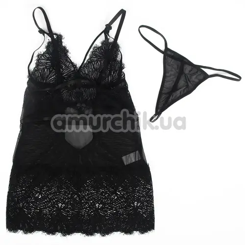 Комплект Star Night Sexy Floral Lace Babydoll, чорний: пеньюар + трусики-стрінги