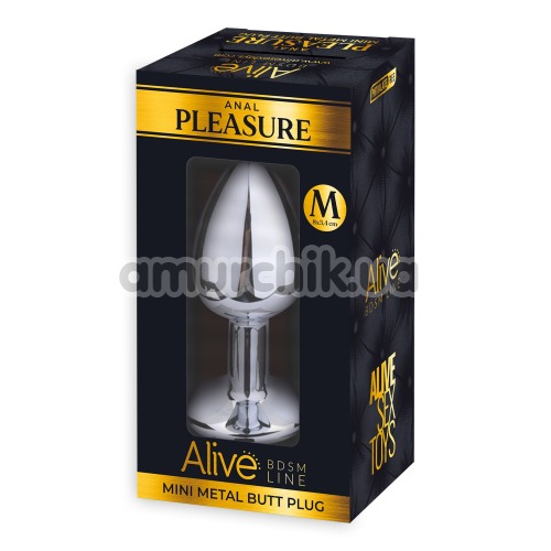 Анальная пробка с черным кристаллом Alive Anal Pleasure Mini Metal Butt Plug M, серебряная