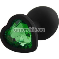 Анальна пробка із зеленим кристалом Silicone Jewelled Butt Plug Heart Small, чорна - Фото №1