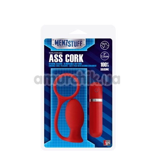 Анальная пробка с эрекционным кольцом с вибрацией Menz Stuff Ass Cork, 7.5 см красная