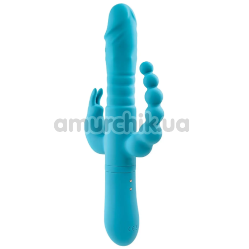 Анально-вагинально-клиторальный вибратор с толчками Eve's Thrusting Triple Joy Rabbit, голубой