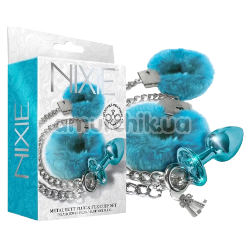 Анальная пробка с наручниками Nixie Metal Butt Plug & Fur Cuff Set, голубая