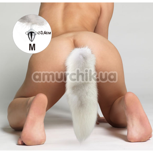 Анальная пробка с белым хвостиком Art Of Sex Metal Butt Plug White Fox M, серебряная