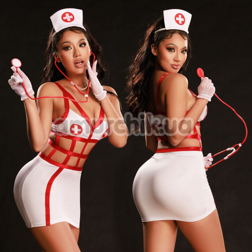 Костюм медсестры JSY Sexy Lingerie 8105, бело-красный: платье + головной убор + стетоскоп