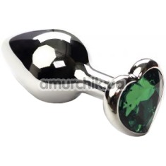 Анальная пробка с зеленым кристаллом SWAROVSKI Silver Heart Emerald, серебряная - Фото №1