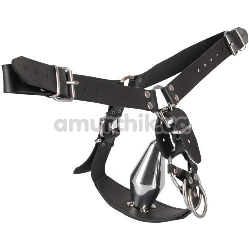 Кожаные стринги с анальной пробкой Zado Men's Leather String Plug, черные - Фото №1