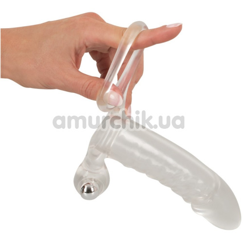 Насадка на пенис с вибрацией и кольцом для мошонки Crystal Clear Vibrating Sleeve With Ball Ring, прозрачная