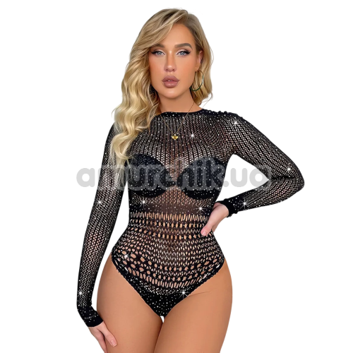 Боди Star Night Long Sleeve Rhinestone Mesh Bodysuit, черное