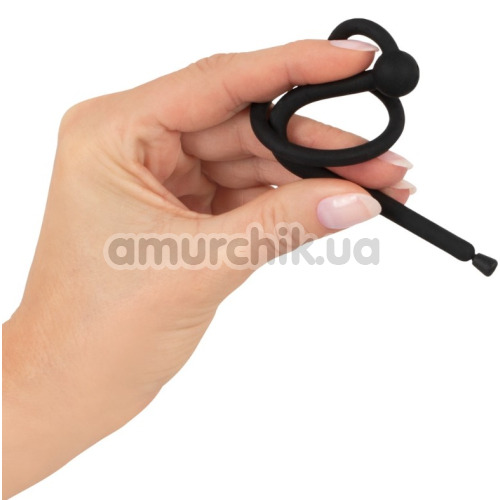 Уретральна вставка з кільцем для голівки Penis Plug Piss Play With Glans Ring & Stopper, чорна
