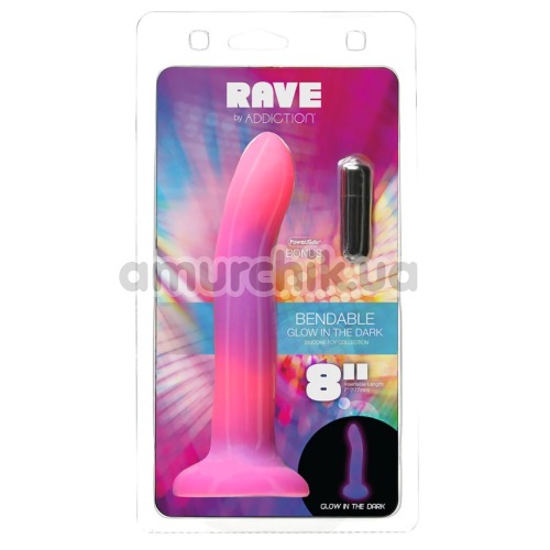 Фалоімітатор, що світиться в темряві Addiction Rave 8 + віброкуля Power Bullet, рожево-фіолетовий