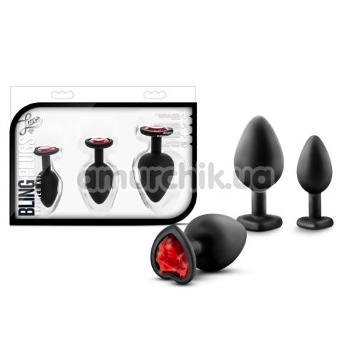 Набор анальных пробок с красными кристаллами Luxe Bling Plugs Trainer Kit, черный