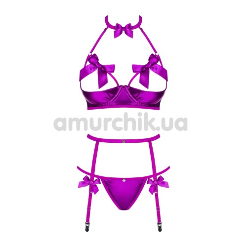 Комплект Obsessive Delishya фіолетовий: бюстгальтер + пояс для панчіх + трусики-стрінги