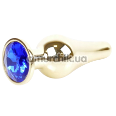 Анальная пробка с синим кристаллом Exclusivity Jewellery Gold Plug продолговатая, золотая - Фото №1