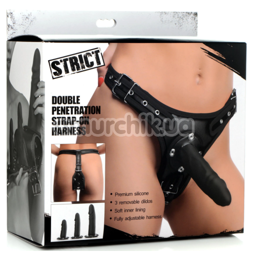Потрійний страпон Strict Double Penetration Strap-On Harness, чорний
