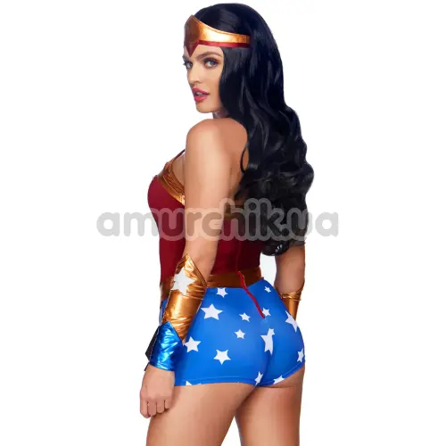 Костюм героини Leg Avenue Heart Stopping Hero Romper, сине-красный: комбинезон + перчатки + повязка на голову