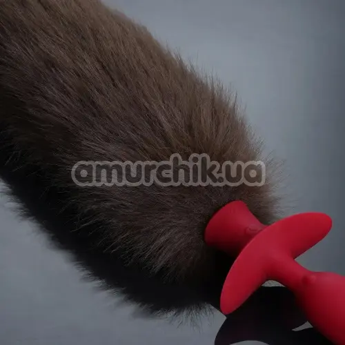 Анальная пробка с коричневым хвостиком, вибрацией и ротацией  Upko Swinging & Vibrating Anal Plug, красная