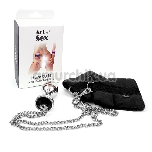 Анальная пробка с фиксаторами для рук Art Of Sex Handcuffs With Metal Anal Plug, черная