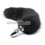Анальна пробка з чорним хвостом лисиці DS Fetish Anal Plug Faux Fur Fox Tail S, срібляста - Фото №1
