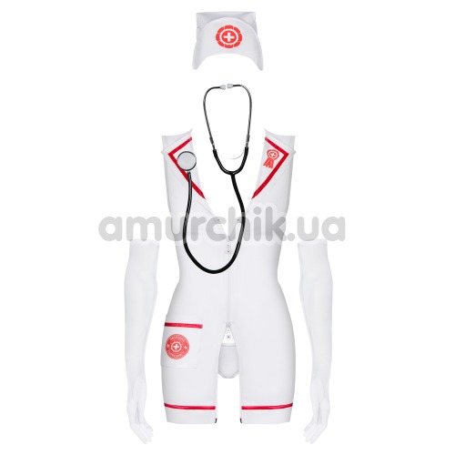Костюм медсестры Obsessive Emergency белый: платье + обруч + перчатки + стринги + стетоскоп