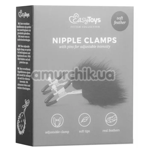 Зажимы для сосков с черными перышками Easy Toys Nipple Clamps, серебряные