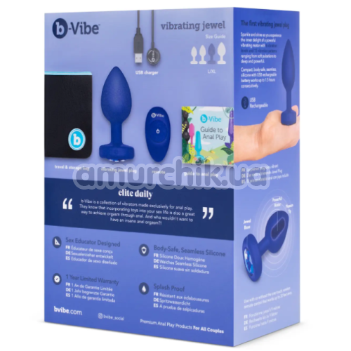 Анальная пробка с вибрацией B-Vibe Vibrating Jewel Plug L/XL, синяя