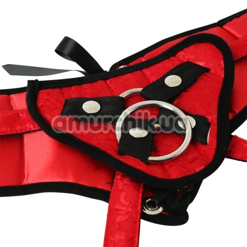 Трусики для страпона Sportsheets Plus Size Red Lace with Satin Corsette Strap-On, червоні